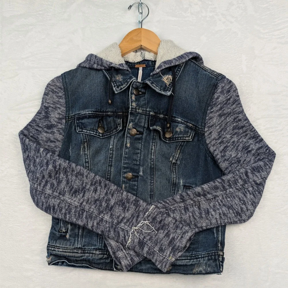 Free People Jacket Women's S Blue Distressed Mixed Media Jean Hoodie Boho Y2K - Picture 1 of 6
